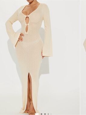 Cream Long-Sleeve Knit Maxi Dress with Front Slit
